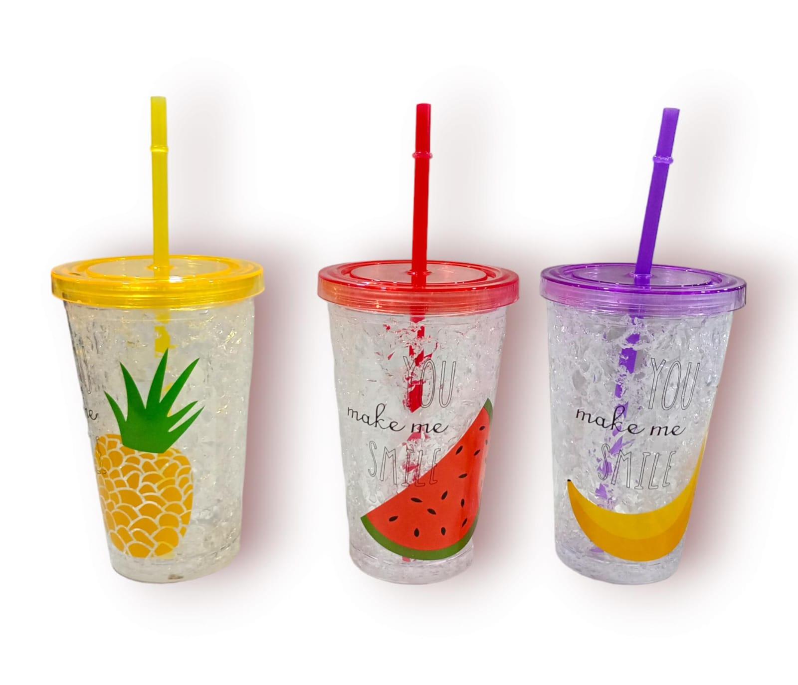 VASO ACRILICO FRUTAS CON GEL REFRIGERANTE Y SORBETE- 16CM