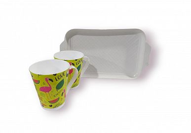 BANDEJA + 2 TAZAS ESTAMPADAS - SETX3 -PLASTICO - 19X32CM